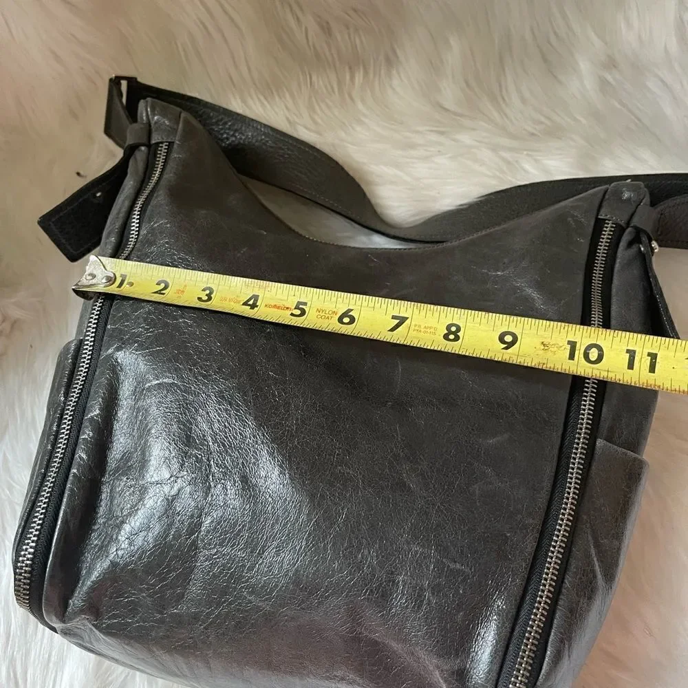 Arcadia gray Italian soft leather shoulder bag with extended silver tone…